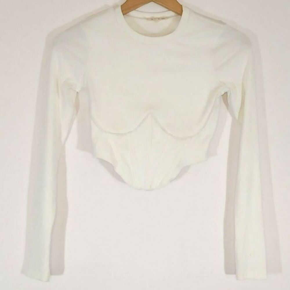 The Vintage Shop White Ribbed Long Sleeve Corset Crop Top XS Grunge Coquette